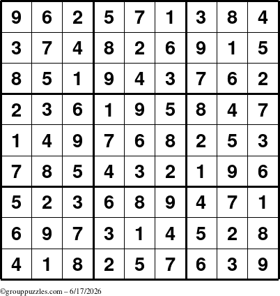 The grouppuzzles.com Answer grid for the Sudoku puzzle for Wednesday June 17, 2026