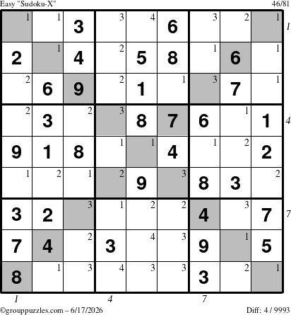 The grouppuzzles.com Easy Sudoku-X puzzle for Wednesday June 17, 2026, suitable for printing, with all 4 steps marked