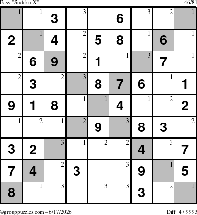The grouppuzzles.com Easy Sudoku-X puzzle for Wednesday June 17, 2026 with the first 3 steps marked