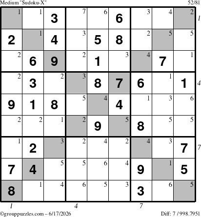 The grouppuzzles.com Medium Sudoku-X puzzle for Wednesday June 17, 2026 with all 7 steps marked