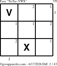 The grouppuzzles.com Easy TicTac-VWX puzzle for Wednesday June 17, 2026, suitable for printing, with all 2 steps marked