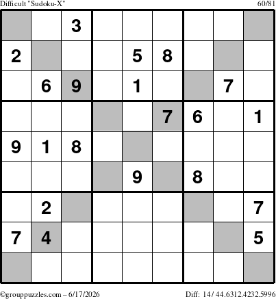 The grouppuzzles.com Difficult Sudoku-X puzzle for Wednesday June 17, 2026