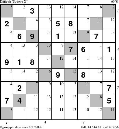 The grouppuzzles.com Difficult Sudoku-X puzzle for Wednesday June 17, 2026 with all 14 steps marked