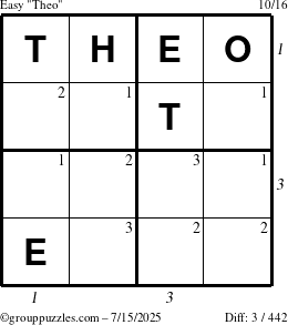The grouppuzzles.com Easy Theo puzzle for Tuesday July 15, 2025 with all 3 steps marked