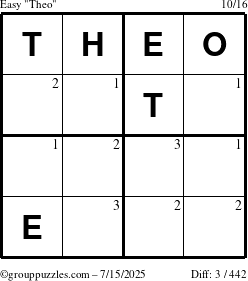 The grouppuzzles.com Easy Theo puzzle for Tuesday July 15, 2025 with the first 3 steps marked