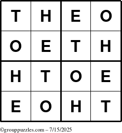 The grouppuzzles.com Answer grid for the Theo puzzle for Tuesday July 15, 2025