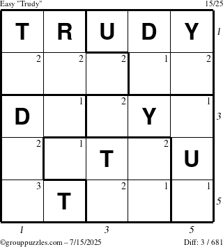 The grouppuzzles.com Easy Trudy puzzle for Tuesday July 15, 2025 with all 3 steps marked