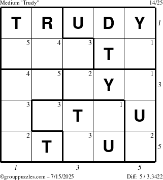 The grouppuzzles.com Medium Trudy puzzle for Tuesday July 15, 2025 with all 5 steps marked
