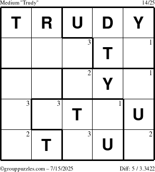 The grouppuzzles.com Medium Trudy puzzle for Tuesday July 15, 2025 with the first 3 steps marked