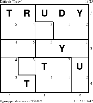 The grouppuzzles.com Difficult Trudy puzzle for Tuesday July 15, 2025 with all 5 steps marked
