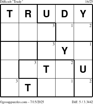 The grouppuzzles.com Difficult Trudy puzzle for Tuesday July 15, 2025 with the first 3 steps marked