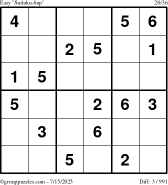 The grouppuzzles.com Easy Sudoku-6up puzzle for Tuesday July 15, 2025