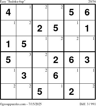 The grouppuzzles.com Easy Sudoku-6up puzzle for Tuesday July 15, 2025 with the first 3 steps marked