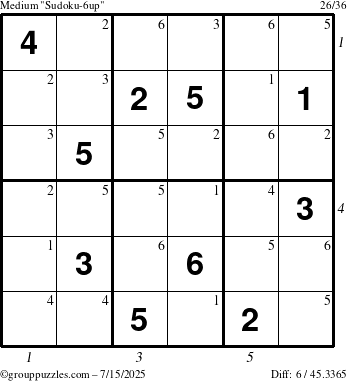 The grouppuzzles.com Medium Sudoku-6up puzzle for Tuesday July 15, 2025 with all 6 steps marked