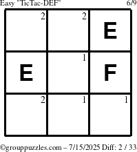 The grouppuzzles.com Easy TicTac-DEF puzzle for Tuesday July 15, 2025 with the first 2 steps marked