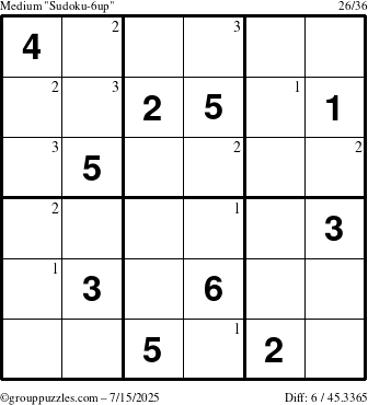 The grouppuzzles.com Medium Sudoku-6up puzzle for Tuesday July 15, 2025 with the first 3 steps marked