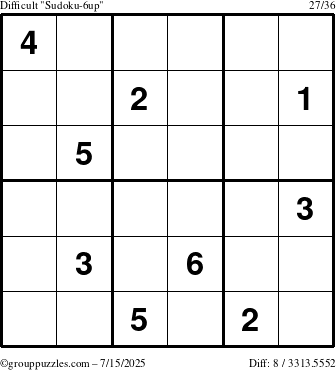 The grouppuzzles.com Difficult Sudoku-6up puzzle for Tuesday July 15, 2025