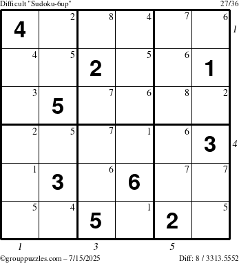The grouppuzzles.com Difficult Sudoku-6up puzzle for Tuesday July 15, 2025 with all 8 steps marked