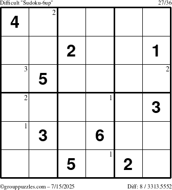 The grouppuzzles.com Difficult Sudoku-6up puzzle for Tuesday July 15, 2025 with the first 3 steps marked