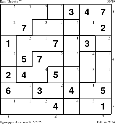 The grouppuzzles.com Easy Sudoku-7 puzzle for Tuesday July 15, 2025 with all 4 steps marked