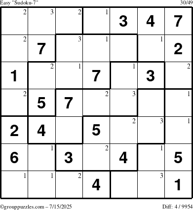 The grouppuzzles.com Easy Sudoku-7 puzzle for Tuesday July 15, 2025 with the first 3 steps marked