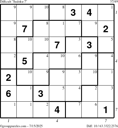 The grouppuzzles.com Difficult Sudoku-7 puzzle for Tuesday July 15, 2025 with all 10 steps marked