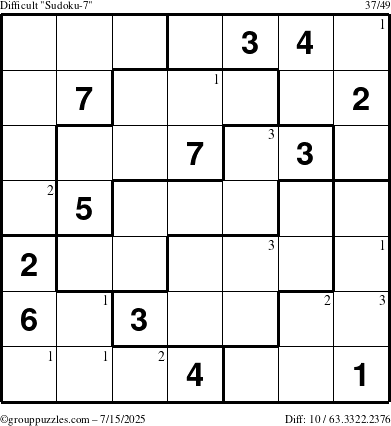 The grouppuzzles.com Difficult Sudoku-7 puzzle for Tuesday July 15, 2025 with the first 3 steps marked