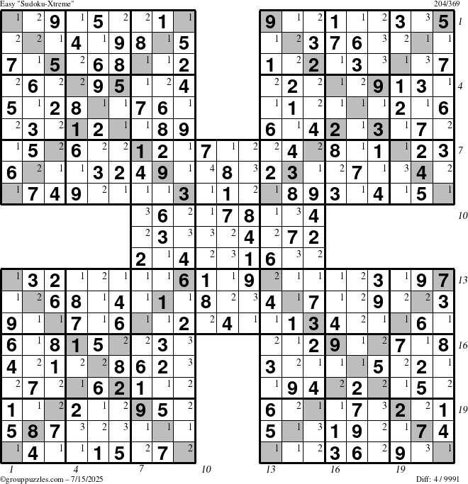 The grouppuzzles.com Easy Sudoku-Xtreme puzzle for Tuesday July 15, 2025 with all 4 steps marked