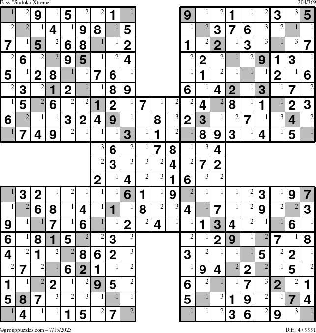 The grouppuzzles.com Easy Sudoku-Xtreme puzzle for Tuesday July 15, 2025 with the first 3 steps marked