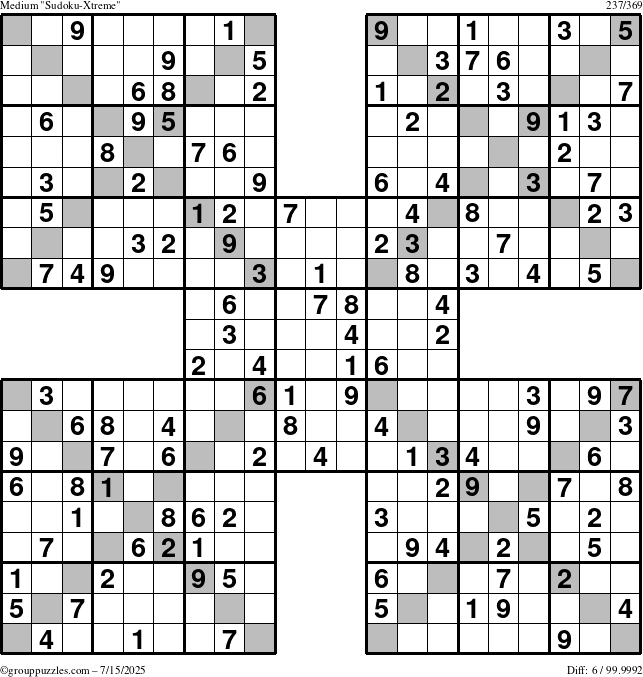 The grouppuzzles.com Medium Sudoku-Xtreme puzzle for Tuesday July 15, 2025
