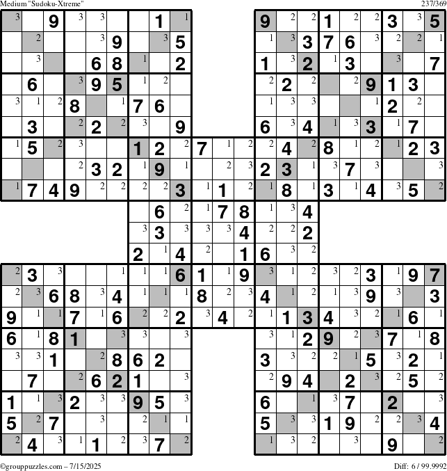 The grouppuzzles.com Medium Sudoku-Xtreme puzzle for Tuesday July 15, 2025 with the first 3 steps marked