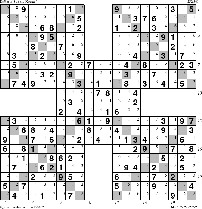 The grouppuzzles.com Difficult Sudoku-Xtreme puzzle for Tuesday July 15, 2025 with all 9 steps marked