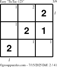 The grouppuzzles.com Easy TicTac-123 puzzle for Tuesday July 15, 2025 with all 2 steps marked