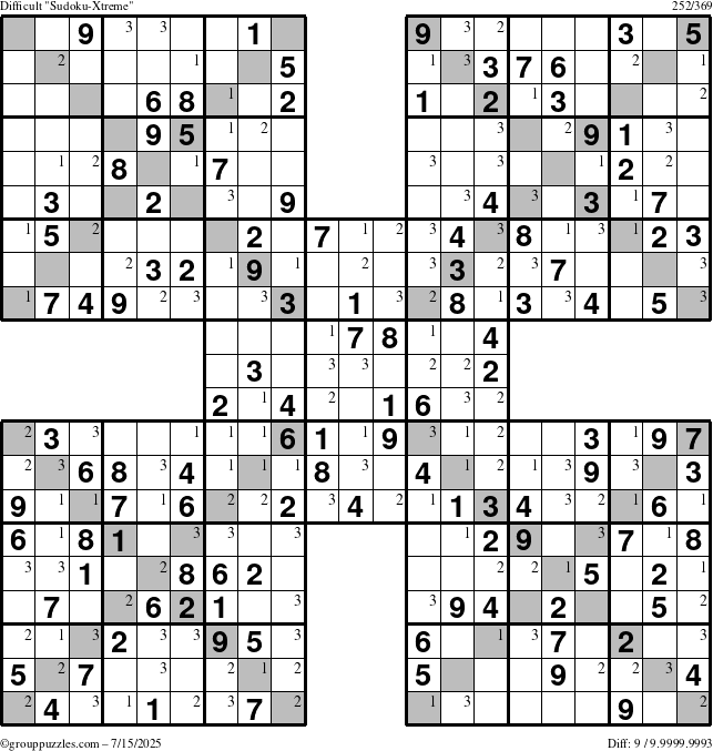 The grouppuzzles.com Difficult Sudoku-Xtreme puzzle for Tuesday July 15, 2025 with the first 3 steps marked