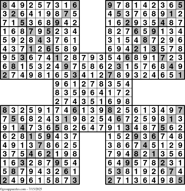 The grouppuzzles.com Answer grid for the Sudoku-Xtreme puzzle for Tuesday July 15, 2025
