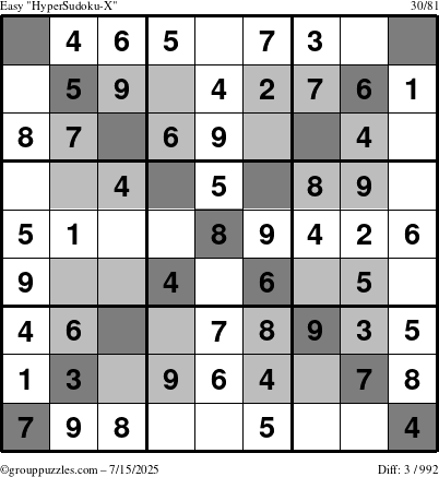 The grouppuzzles.com Easy HyperSudoku-X puzzle for Tuesday July 15, 2025