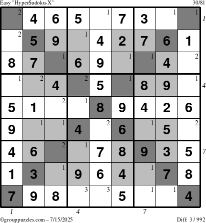 The grouppuzzles.com Easy HyperSudoku-X puzzle for Tuesday July 15, 2025, suitable for printing, with all 3 steps marked