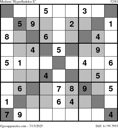The grouppuzzles.com Medium HyperSudoku-X puzzle for Tuesday July 15, 2025