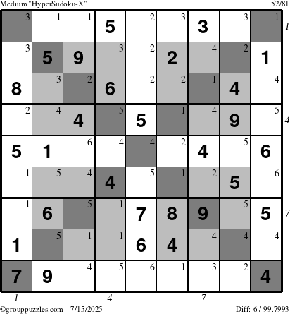 The grouppuzzles.com Medium HyperSudoku-X puzzle for Tuesday July 15, 2025 with all 6 steps marked