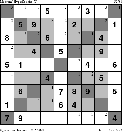 The grouppuzzles.com Medium HyperSudoku-X puzzle for Tuesday July 15, 2025 with the first 3 steps marked
