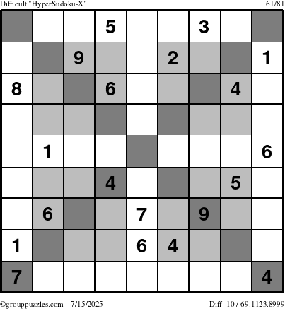 The grouppuzzles.com Difficult HyperSudoku-X puzzle for Tuesday July 15, 2025