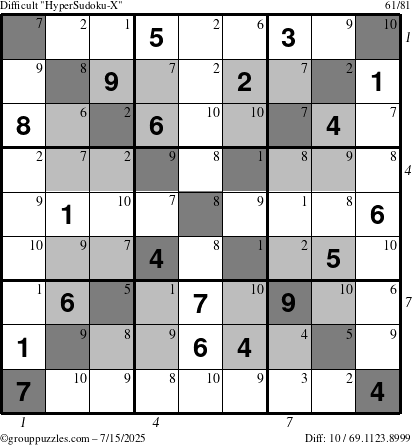 The grouppuzzles.com Difficult HyperSudoku-X puzzle for Tuesday July 15, 2025 with all 10 steps marked