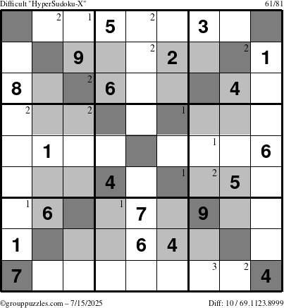 The grouppuzzles.com Difficult HyperSudoku-X puzzle for Tuesday July 15, 2025 with the first 3 steps marked