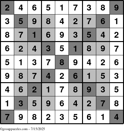 The grouppuzzles.com Answer grid for the HyperSudoku-X puzzle for Tuesday July 15, 2025