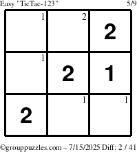 The grouppuzzles.com Easy TicTac-123 puzzle for Tuesday July 15, 2025 with the first 2 steps marked