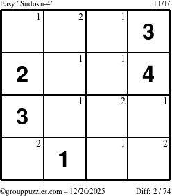 The grouppuzzles.com Easy Sudoku-4 puzzle for Saturday December 20, 2025 with the first 2 steps marked