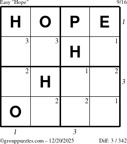 The grouppuzzles.com Easy Hope puzzle for Saturday December 20, 2025, suitable for printing, with all 3 steps marked