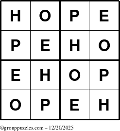 The grouppuzzles.com Answer grid for the Hope puzzle for Saturday December 20, 2025