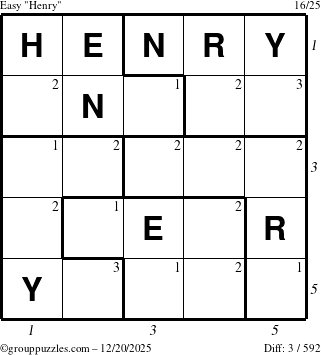 The grouppuzzles.com Easy Henry puzzle for Saturday December 20, 2025, suitable for printing, with all 3 steps marked