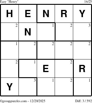 The grouppuzzles.com Easy Henry puzzle for Saturday December 20, 2025 with the first 3 steps marked